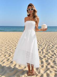 Sylviya 女士休闲流苏装饰白色无肩带夏季连衣裙 女士连衣裙 夏季连衣裙 夏季服装 白色连衣裙 女士太阳裙 女士邮轮度假装 女士休闲度假波西米亚风女装 海滩度假装 女士海滩装 女士假日连衣裙 乡村音乐会服装 - 白色 - 查看 3