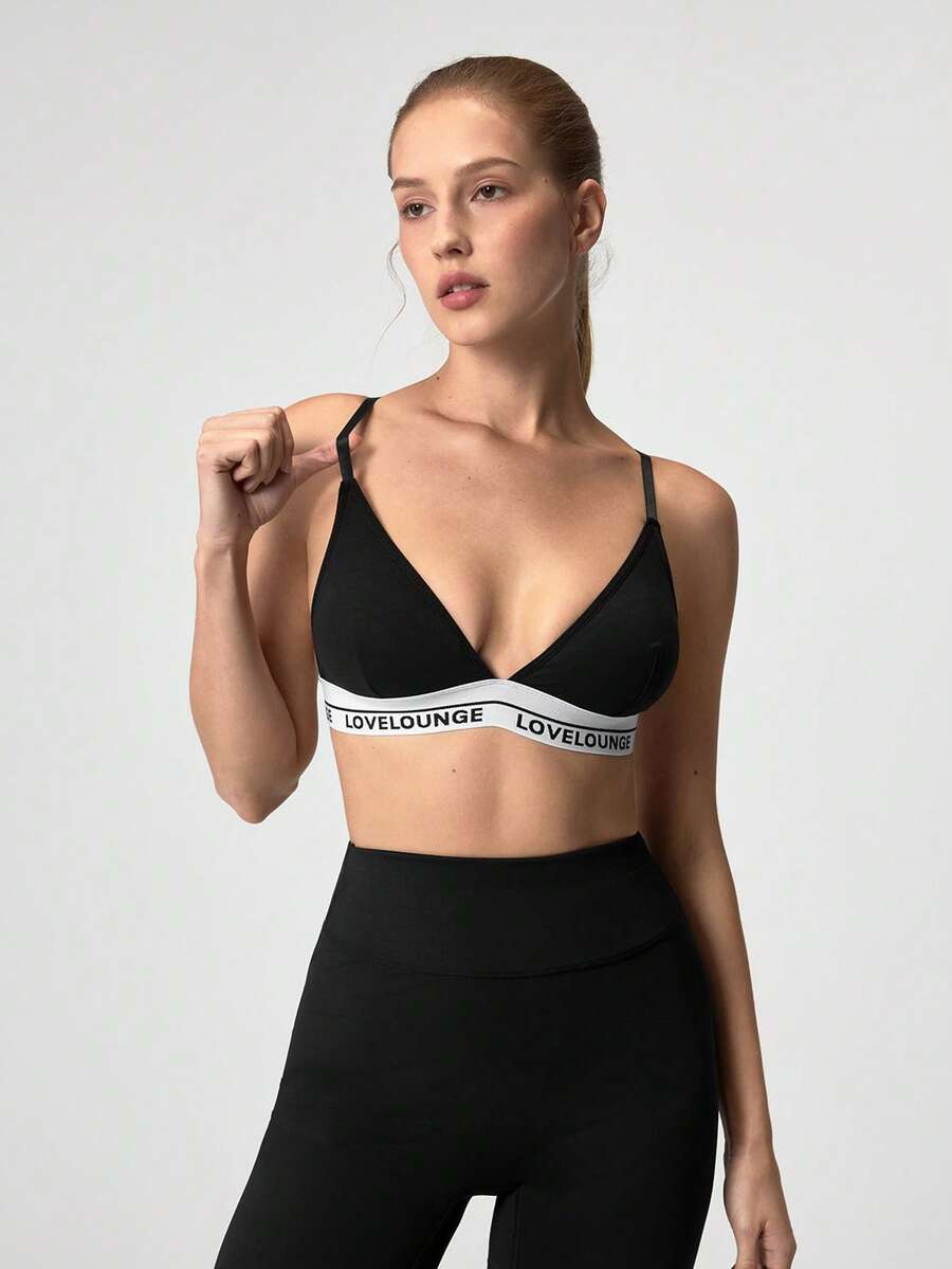 Loungeista Sujetador deportivo Bralette con panel de cinta de letras - Negro - Ver 1