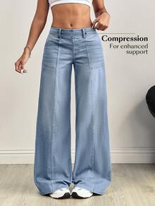 SHEIN Tall Front & Middle Patchwork Zebra Striped Washed Knit Wide Leg Jeans, Tall Women - Light Wash - View 4