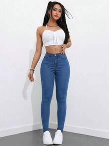 SHEIN PETITE 女款高腰緊身牛仔褲，小個子女教師小學用水藍色夏季休閒 - 中等水洗藍 - 查看 6