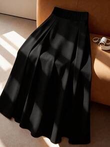 GlowEve CURVE Plus Size Women's Spring/Summer Solid Color Minimalist Fashion Regalyn-D Mid-Length A-Line Skirt With Elastic Waist, Side Pleated Button Design, Stylish Casual Everyday Wear - Black - View 3