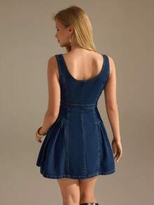CLARA VERO Denim Button Front Belted Mini Dress Fit And Flare Silhouette Perfect For Weekend Brunch Casual Dates Or Autumn Festivals Navy Blue Button Details - Medium Wash - View 7
