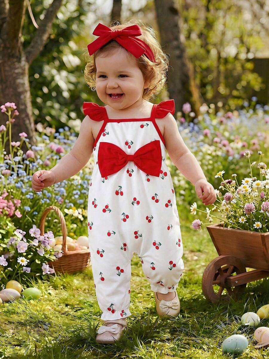 SHEIN Vintaside Kids Baby Girl Cherry Print Romper With Bow Decor - Red and White - View 1