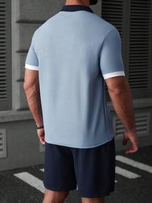 Manfinity CasualCool Men's Contrast Color Collar Waffle Polo Shirt And Shorts Set - Multicolor - View 2