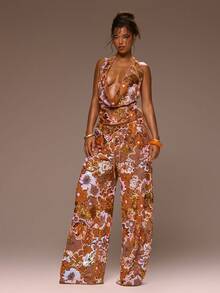 MUSERA Floral Sequin Embellished Wide Leg Pants Girly Spring Summer Vacation Night Out Cute Occassion Golden Sands - Orange - View 1