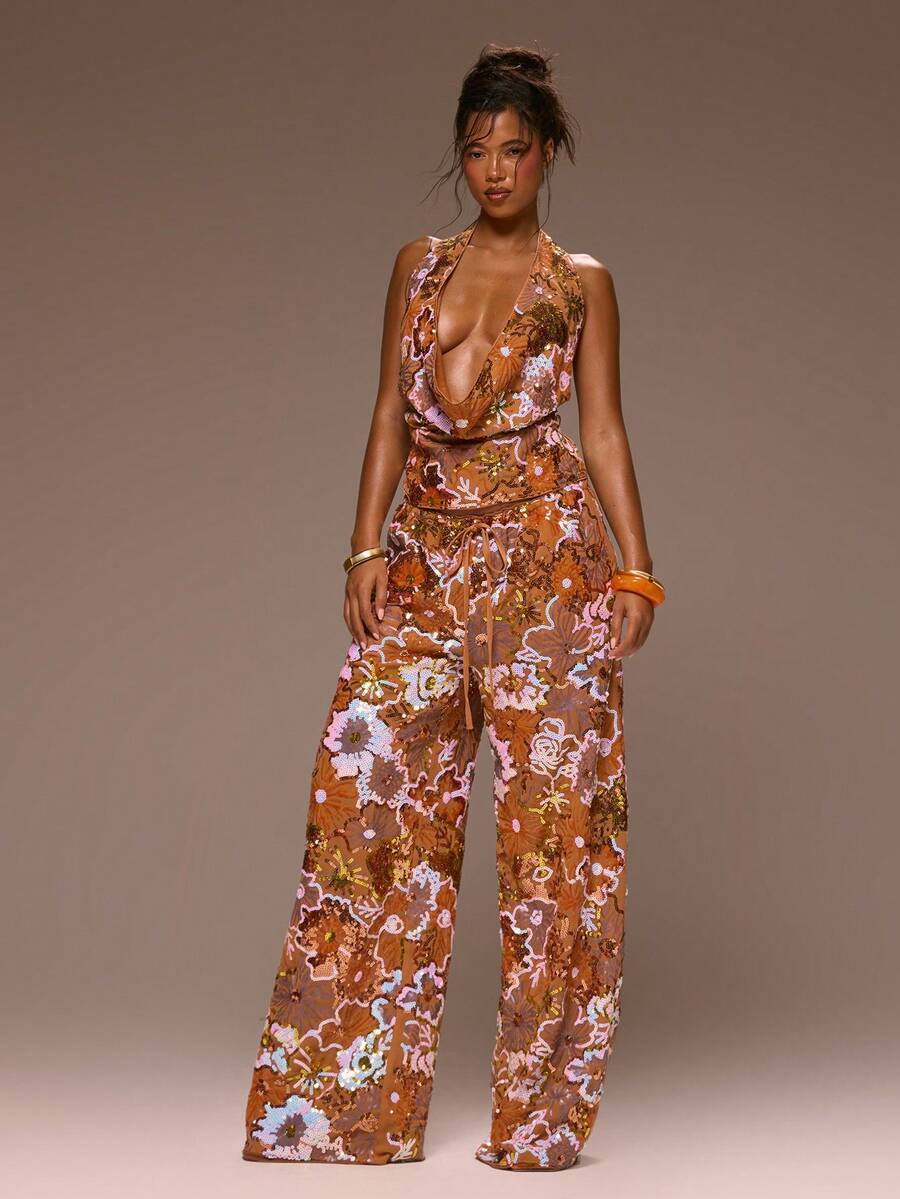 MUSERA Floral Sequin Embellished Wide Leg Pants Girly Spring Summer Vacation Night Out Cute Occassion Golden Sands - Orange - View 1