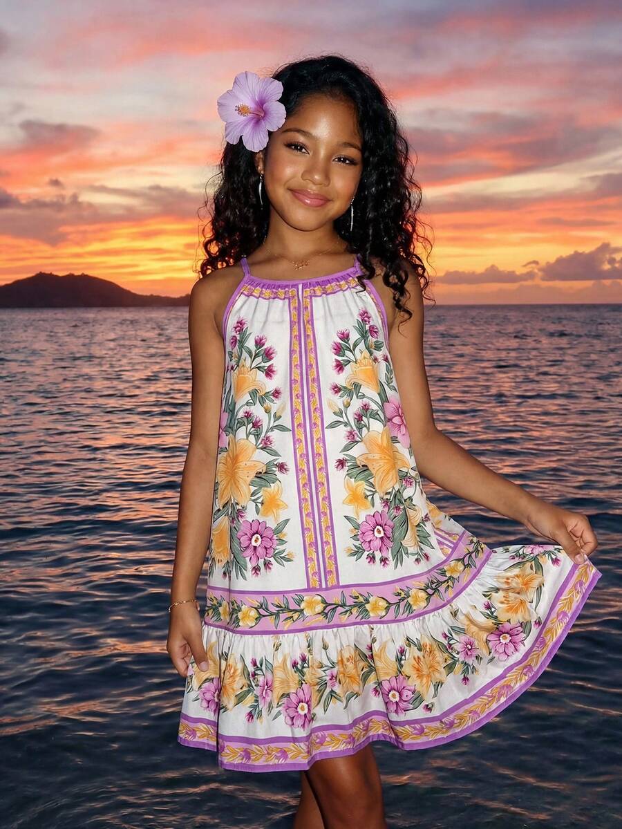 Sparklyn 女童碎花吊带荷叶边下摆休闲度假连衣裙 - 彩色 - 查看 1