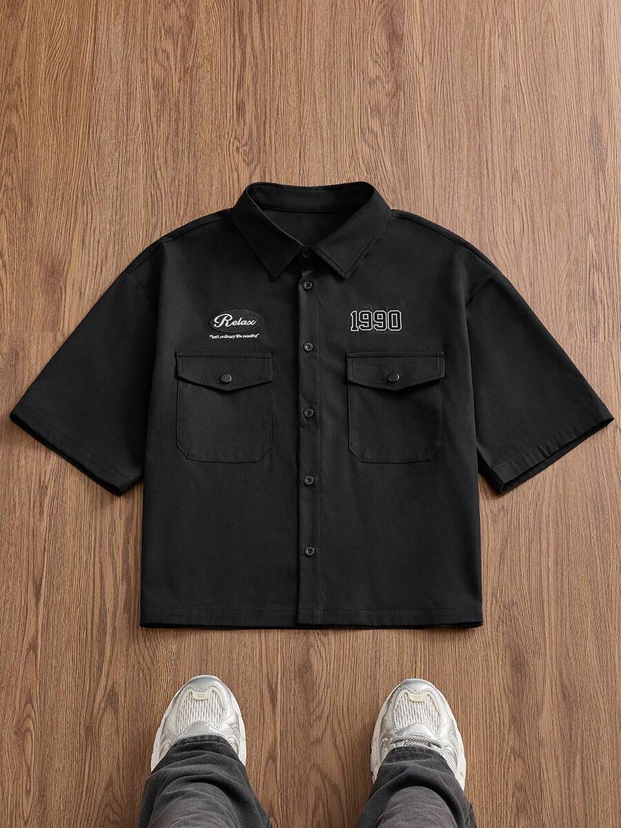 SWAVVY Men's Embroidered Short Sleeve Casual Shirt, Spring/Summer - Black - View 1