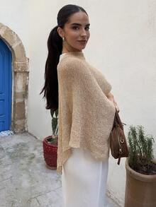 Marta Soriano Áo choàng Poncho đan gợi cảm đa năng, thiết kế vai bất đối xứng cổ chữ V, áo cánh thường ngày cho kỳ nghỉ hè - Vàng - Xem 5