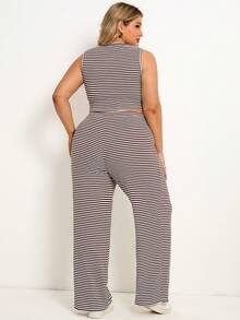 Plussiva Plus Size Maternity Striped Print Round Neck Tank Top And Tie Front Pants Casual 2 Pieces Set - Brown - View 2