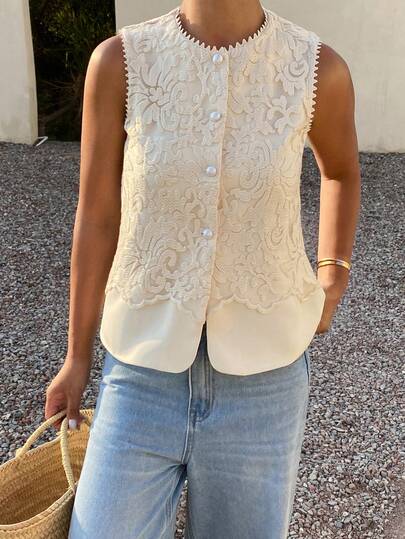 DAZY Áo khoác không tay cổ tròn mỏng, phối ren jacquard, kiểu dáng thanh lịch và trang trọng dành cho nữ mùa hè.