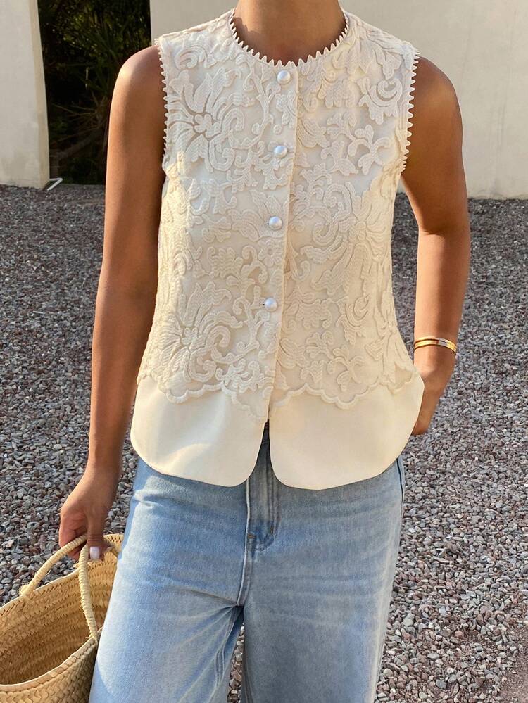 Lace Jacquard Patchwork Sleeveless Round Neck Thin Vest Jacket, Elegant & Formal For Women In Summer