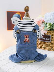 PETSIN Bộ quần áo liền thân hai mảnh giả cho thú cưng, thêu họa tiết gấu bông với vòng chữ D, trang phục thường ngày cho chó bốn chân, thích hợp cho chó nhỏ mặc. - Màu xanh lam - Xem 13