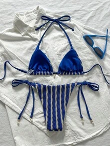 Swim Mod Conjunto de bikini con cuello de halter de tela jacquard y colgante de perla para mujer, para primavera/verano - Multicolor - Ver 4