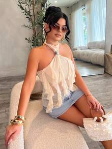Áo ba lỗ cổ đứng viền bèo nhún nhiều lớp thanh lịch dành cho nữ - Màu be - Xem 6