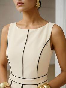 ZEYLAH CONTRAST PIPING FOLD PLEATED MIDI DRESS - Apricot - View 2