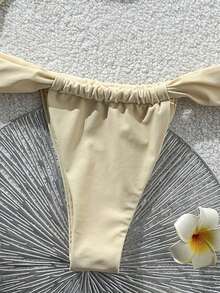 Swim Chiccia 女士夏季沙滩套装 - 纯色抹胸上衣配金属装饰和丁字裤比基尼泳裤性感泳装套装，适合女士度假、邮轮旅行、海滩日光浴，两件套，夏季新款女士比基尼套装，女士比基尼套装，女士泳装套装，女士泳衣套装 - 米色 - 查看 4