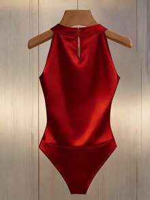 Franclia Fitted Sexy Halter Beaded Bodysuit For Women - Red - View 2