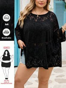 SHEIN CURVE+ 大码女式休闲宽松基础款短袖T恤，针织提花蕾丝沙滩度假装 - 黑色 - 查看 1