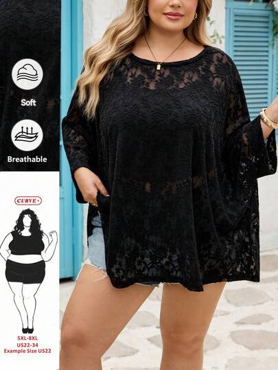SHEIN CURVE+ Camiseta básica de manga corta holgada y casual para mujer de talla grande, conjunto de vacaciones en la playa con tejido jacquard de encaje