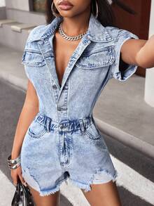 Jeanoix Women's Y2K Washed Distressed Button Half-Zip Denim Jumpsuit, Summer - Light Wash - View 4