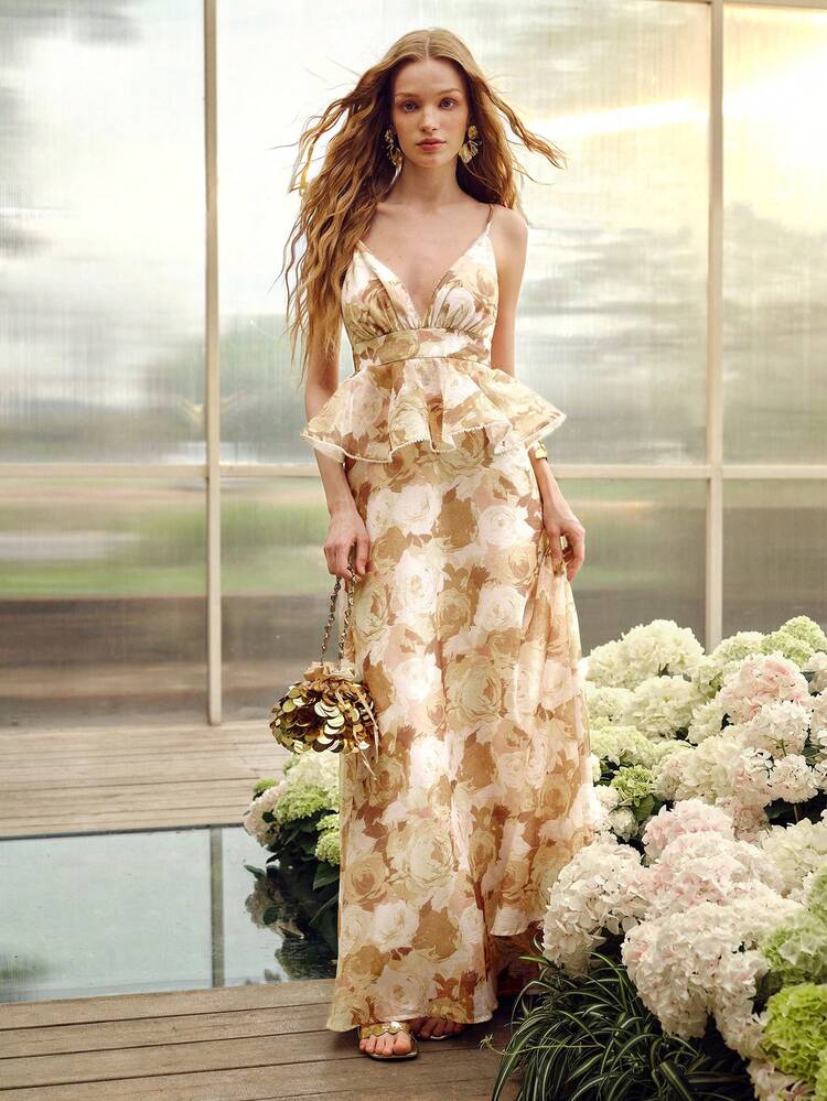 ELEGANT WARM-TONE FLORAL SPAGHETTI STRAP MAXI DRESS FOR WOMEN | CHEST HORIZONTAL PLEATS, WAIST SECTOR RUFFLE DECORATION, RANDOM CHIFFON FLORAL PRINT, BODYCON FIT WITH FLOWY DRESS FOR SUMMER VACATION, BEACH PARTIES, GARDEN PARTIES, WEDDING GUEST EVENTS, SPRING/SUMMER CELEBRATIONS, FORMAL EVENINGS & VALENTINE'S DAY