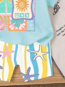 2pcs Baby Girl Vacation Style Fresh Sunshine Coconut Tree Shell Geometric Print Short Sleeve Top T-Shirt And Colorful Wave Sea Star Print Shorts Set, Suitable For Outdoor Summer - Multicolor - View 7