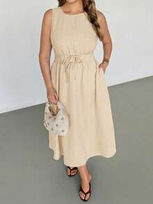 Auralis 亚麻无袖A字连衣裙，大码，优雅百搭，适合工作和通勤，松紧腰带配系带，喇叭下摆，休闲度假法式浪漫连衣裙，舒适的波西米亚风棕色连衣裙 - 杏色 - 查看 2