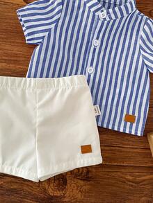 Set Baju Bayi Laki-laki Baru Lahir Kasual Lucu Bergaris Lengan Pendek dan Celana Pendek Pinggang Elastis - Royal Blue - View 5