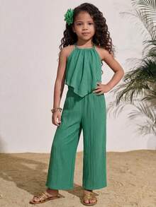 SHEIN Bộ đồ thường ngày cho bé gái, áo tank top và quần dài màu trơn, vạt áo bất đối xứng. - màu xanh lá - Xem 6