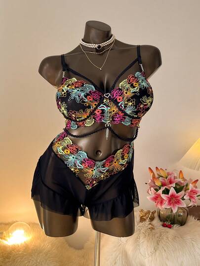 Auralis Bộ đồ ngủ liền thân gợi cảm cỡ lớn cho nữ cổ điển nhiều màu thêu trong suốt viền bèo nhún gợi cảm