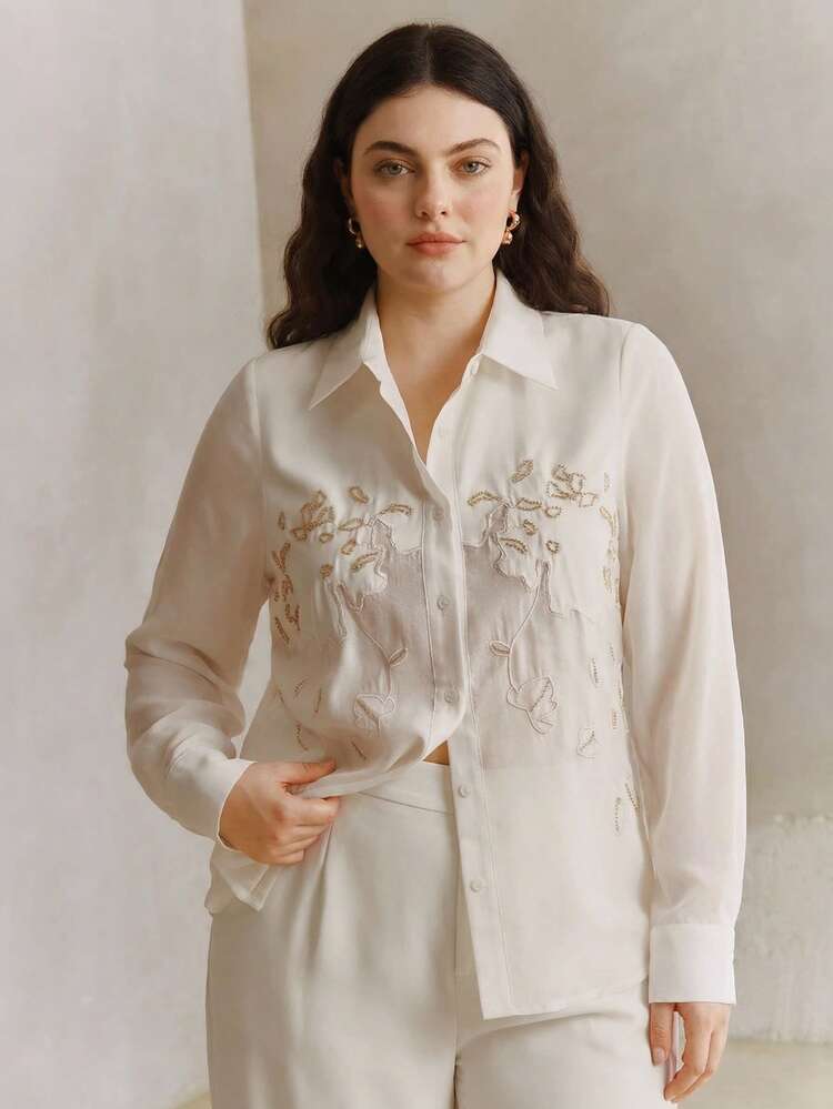 Plus Size Women Elegant Fashion Sheer Mesh Embroidered Beaded Blouse