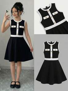 Firerie Kids Vestido casual de fiesta y salida con cuello redondo y bloques de color para niñas preadolescentes - Negro - Ver 1
