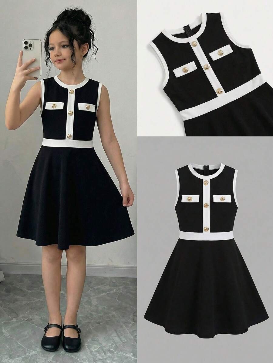 Firerie Kids Vestido casual de fiesta y salida con cuello redondo y bloques de color para niñas preadolescentes - Negro - Ver 1