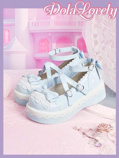 Dola Lovely Women's Shoes, Blue Three-Dimensional Bow Decorative Metal Buckle Design, Platform Wedge Heel Mary Jane, Lolita Wear, Birthday Party Wear JK Wear
