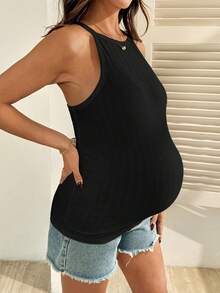 SHEIN 孕妇纯色圆领修身休闲背心，夏季 - 黑色 - 查看 4