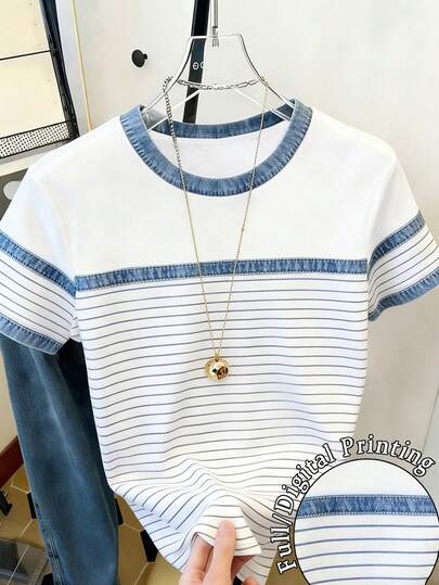 Resyla Women's Casual Striped Patchwork Short Sleeve T-Shirt, Summer