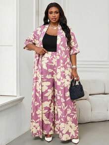 SHEIN Lady Pink Modest Summer Plus Size Dress For Women Floral Print Open Front Cardigan With Matching Wide Leg Trousers - Pink - View 4
