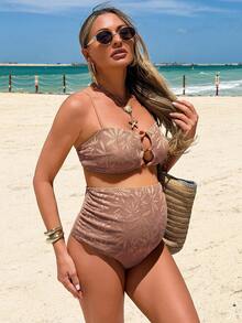 SHEIN 26SS Sommer Strand Urlaub strukturierter Stoff braun Palme Basic Casual Umstandsmode Badeanzug Set 2026 Neue Damen Bademode Ankunft, geeignet für Schule, Urlaub, Date, Nachmittagstee, Western, Kreuzfahrt, Strand, Insel, Roadtrip, alle Jahreszeiten, Musikfestival, Boho Urlaub, Bohemian Urlaub, Chillige Herbst, Western Boho, elegante Oberteile für Damen Strand Zweiteiler Strandoutfits für Frauen 2 Teile Yummy Control Badeanzug Brunch Outfits für Frauen 2 Teile Set Bikini Set mit Reißverschluss Bademode - Braun - Übersicht 9