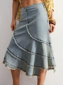 Falda tejida de unicolor casual para mujer - Azul - Ver 4