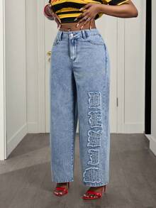 Slaydiva 女士休闲日常字母贴布水洗牛仔裤 - 淺色水洗藍 - 查看 4