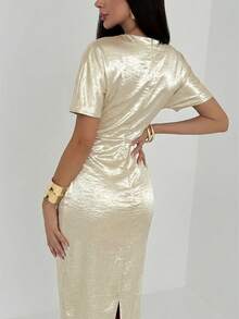 Aloruh Vestido largo elegante de mujer con cintura ceñida de unicolor - Beis - Ver 2