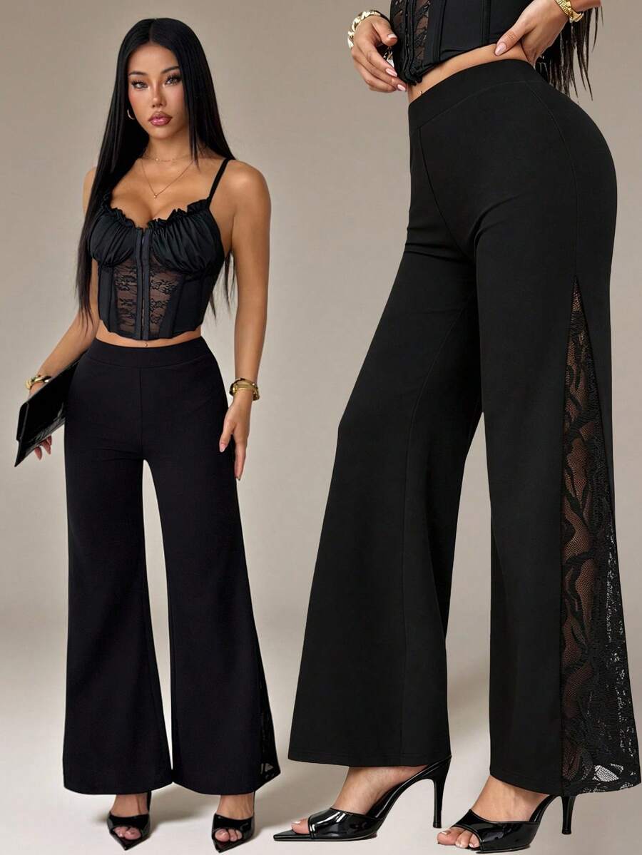 SHEIN PETITE 女士几何蕾丝拼接阔腿针织弹力黑色裤腿裤