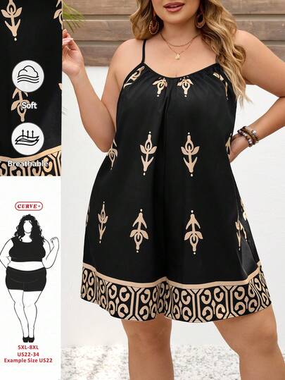 SHEIN CURVE+ Mono holgado con estampado de leopardo y floral para mujer de talla grande, atuendo de verano/campo/vacaciones en la playa/ropa de playa