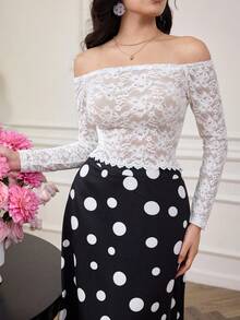 Modelyn Áo thun ren trắng hở vai, xuyên thấu, gợi cảm - trắng - Xem 5