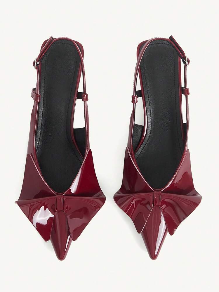 CUCCOO CHICEST Women's Shoes Spring And Summer New Pointed Burgundy Patent Leather Origami Decoration Slingback Kitten Heel And Afternoon Tea Wear Elegant Dating Shoes
