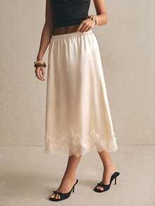 Poéselle 蕾丝拼接松紧腰优雅半身裙，夏季 - 淡黃色 - 查看 9