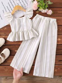 SHEIN Bộ đồ đôi 2 món cho bé gái, gồm áo vest và quần dài kẻ sọc dệt, cổ vuông, có bèo nhún và nơ, kiểu dáng thường ngày. - Màu be - Xem 4