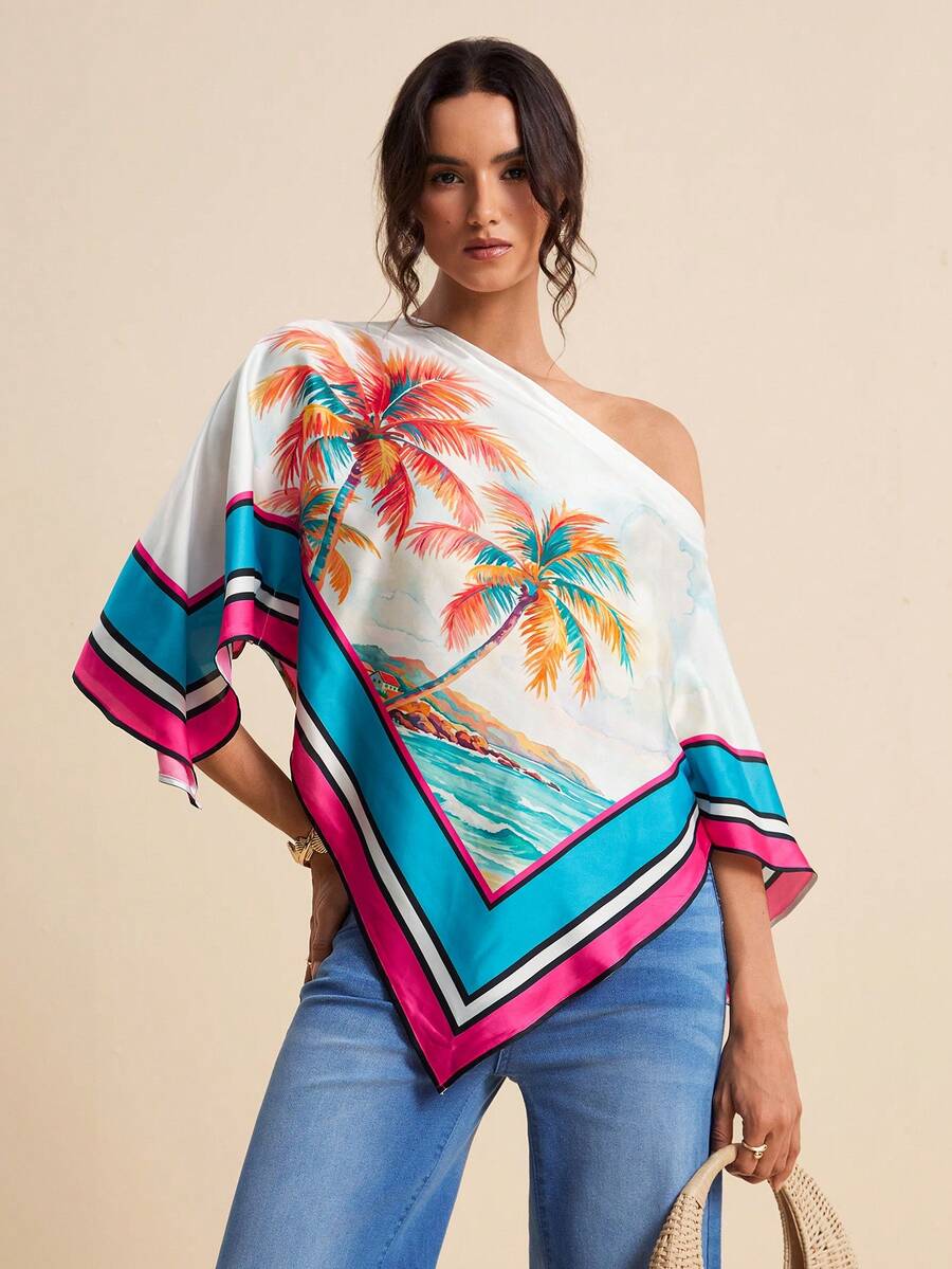 LOTSLUV 女士春夏蓝色椰树风景印花撞色滚边V领蝙蝠袖缎面衬衫 - 彩色 - 查看 1