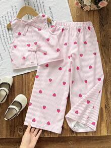 2pcs/Set Young Girl Striped Print Sleeveless Top & Loose Casual Pants - Pink - View 3
